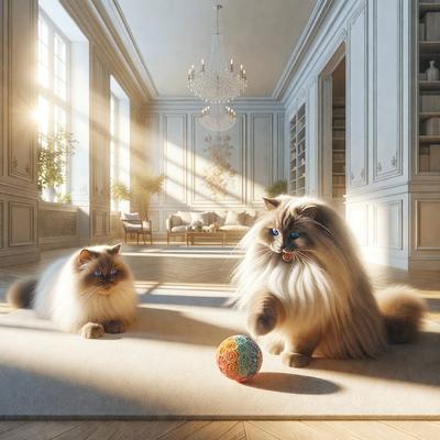 The primary subject of the image is a cat playing with a ball. The setting is a living room with a rug on the floor. The visual style is digital art, and the colors and mood are warm and inviting.